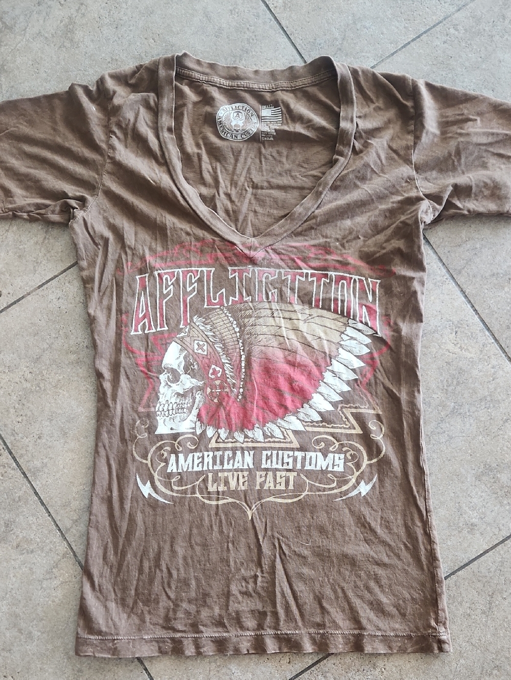 Affliction..  Brown V-Neck Graphic Tee with Red Accent